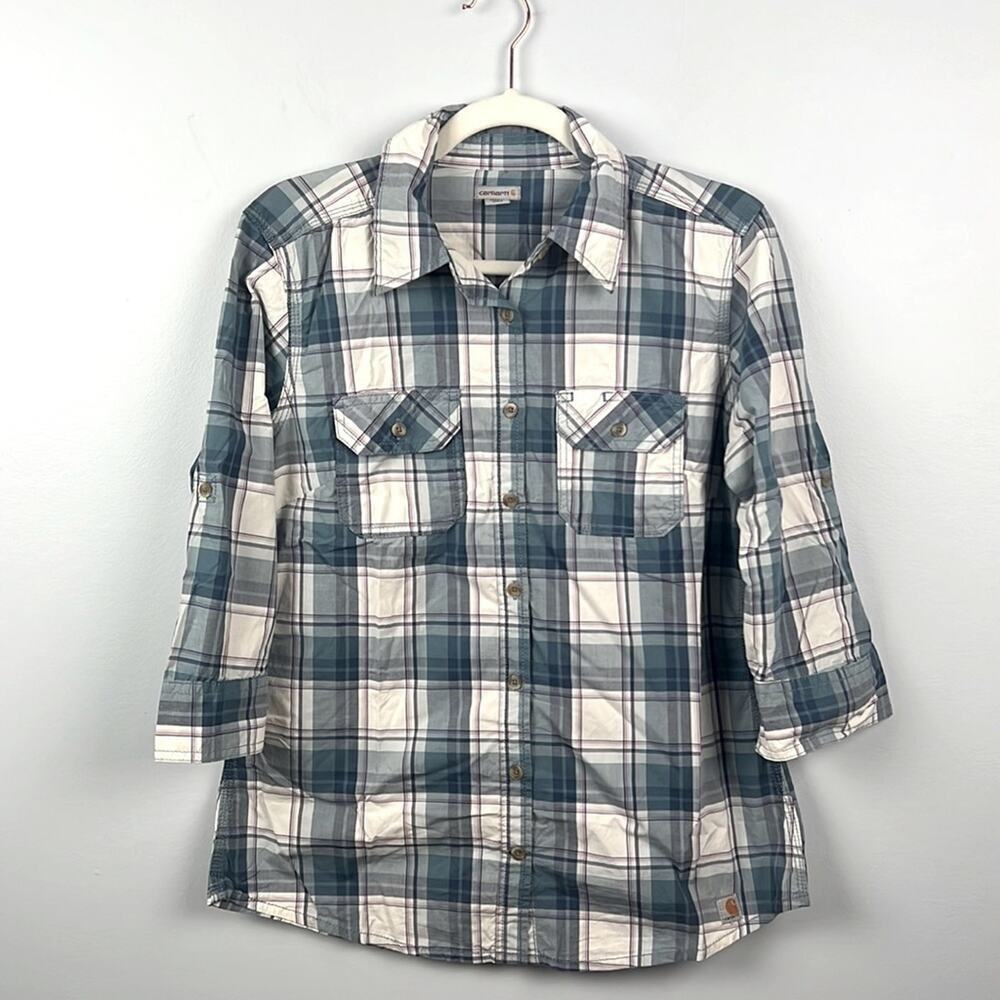 Carhartt women’s small 3/4 sleeve button down plaid top